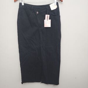 HAPPILY GREY Black Denim Jean Front‎ Slit Maxi Skirt Raw Hem Sz 5 Streetwear